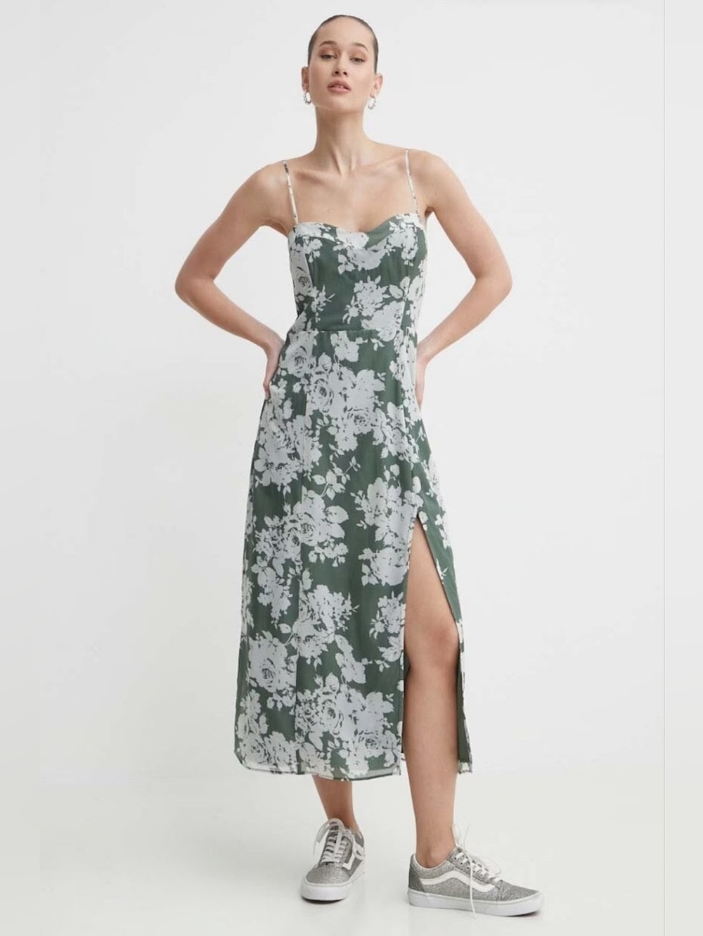 Abercrombie Camille Midi Dress Green Floral Silk Wedding Guest XL